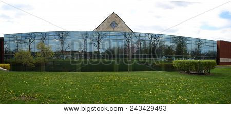 The Glass Windows On The Back Of The Pilgrim Library, Defiance College, Defiance, Oh, April 25, 2005