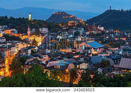 Plovdiv, Bulgaria - May 24, 2018: Amazing Night Panorama To City Of Plovdiv From Nebet Tepe Hill, Bu