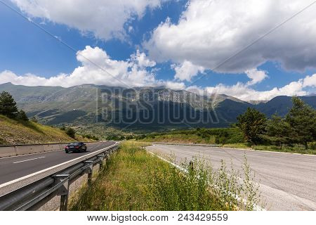 Gran Sasso, Italy - June 17, 2017: View Of Gran Sasso Mountain In Abruzzo Region Italy
