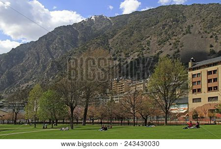 Andorra La Vella, Andorra - April 21, 2018: People In City Park Of Andorra La Vella, Andorra