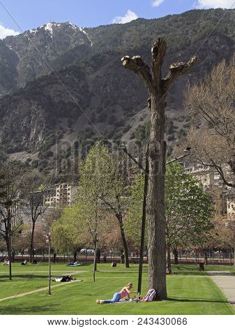 Andorra La Vella, Andorra - April 21, 2018: People In City Park Of Andorra La Vella, Andorra
