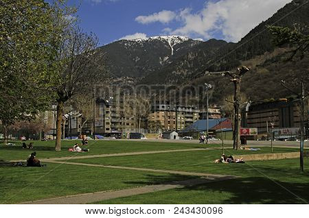 Andorra La Vella, Andorra - April 21, 2018: People In City Park Of Andorra La Vella, Andorra