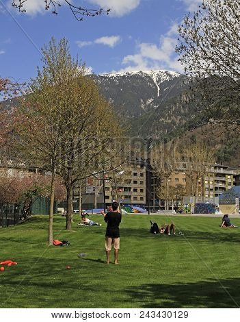 Andorra La Vella, Andorra - April 21, 2018: People In City Park Of Andorra La Vella, Andorra