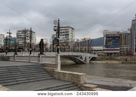 Skopje, Republic Of Macedonia - February 24, 2018: River Vardar Passing Through City Of Skopje Cente