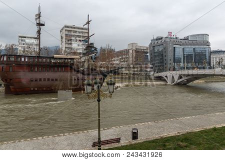 Skopje, Republic Of Macedonia - February 24, 2018: River Vardar Passing Through City Of Skopje Cente