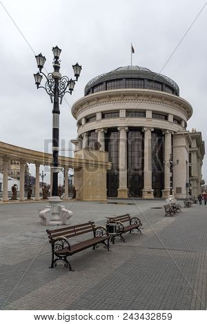 Skopje, Republic Of Macedonia - February 24, 2018: Colonnade Near Vardar Rive In  The Center Of City