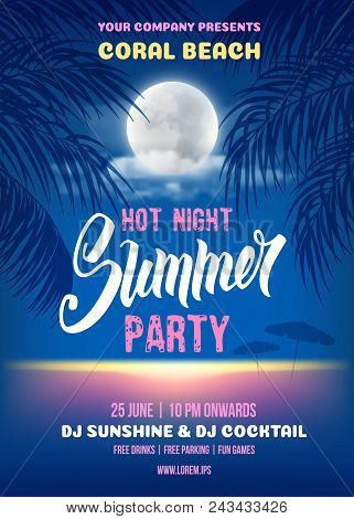 Summer Night Party Poster Romantic Design With Silhouette Of The Palm Leaves, Full Moon And It Refle