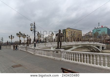 Skopje, Republic Of Macedonia - February 24, 2018:  Art Bridge And Vardar River  In City Of  Skopje,
