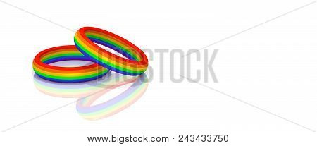 Two Wedding Rainbow Colored Rings Isolated On White Background. Lgbt Engagement Concept