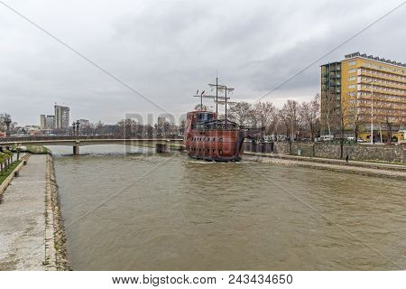 Skopje, Republic Of Macedonia - February 24, 2018: River Vardar Passing Through City Of Skopje Cente