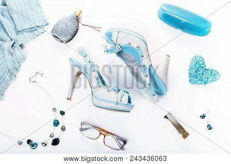 Summer Street Hipster Style. Fashion Girl Clothes Accessories White Background.t Rendy Blue Summer D