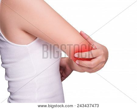 Woman Suffering From Elbow Pain, Toggle Pain.red Color Highlight At Elbow , Toggle Isolated On White