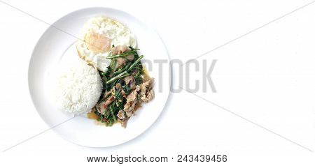 Stir Fried Morning Glory (pad Pak Boong) With Pork And Thai Fried Egg On Top Of Hot Rice In White Di