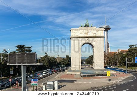 Madrid, Spain - January 23, 2018: Memory Arch And Lighthouse Of Moncloa In City Of Madrid, Spain