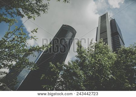 MADRID, SPAIN - MAY 11,2018: Four skyscraper tower in Cuatro Torres Business Area on May 11, 2018 in Madrid, Spain.