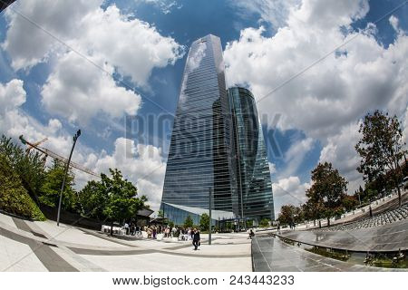 MADRID, SPAIN - MAY 11,2018: Four skyscraper tower in Cuatro Torres Business Area on May 11, 2018 in Madrid, Spain.