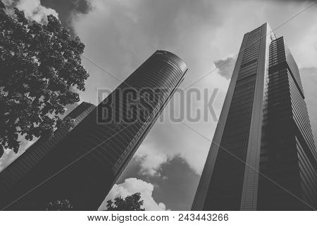 MADRID, SPAIN - MAY 11,2018: Four skyscraper tower in Cuatro Torres Business Area on May 11, 2018 in Madrid, Spain.