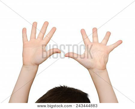 Kid Hand Shows Number Ten Isolated. Child Palm Gesturing High Ten Sign. Counting, Enumeration, White