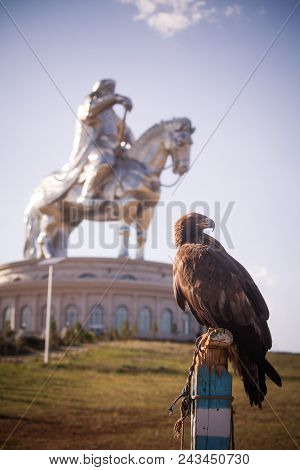 Vulture And Genghis Khan Monument At Zonjin Boldog Mongolia.