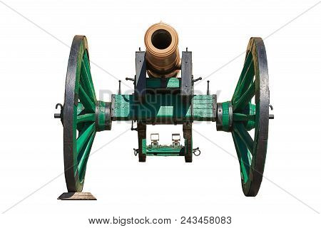 An Old Bronze Cannon On A Wooden Carriage. Isolated On A White Background