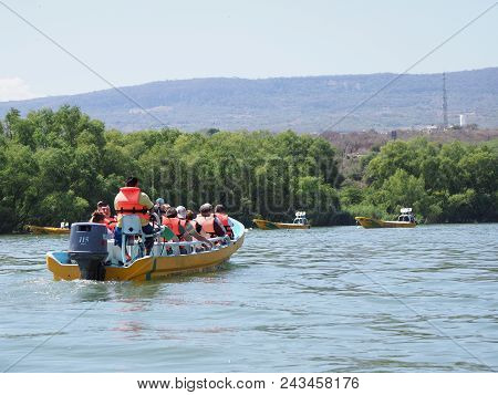 Tuxtla, Mexico North America On February 2018: Motor Boat With Tourists On Grijalva River Landscapes