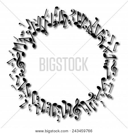 A Circle Of Black Mucical Notes Set Over A White Background
