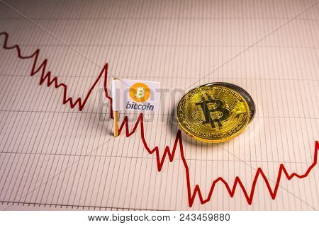 Financial Bear Market Falling Concept With Physical Bitcoin Over A Red Down Chart And A Flag With Th