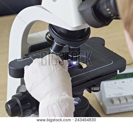 Blood Examination Through A Microscope, Close-up, Medical