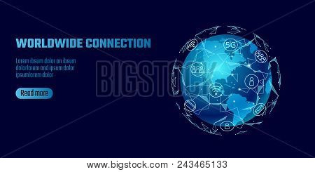 Global Network Connection. World Map America Continent Point Line Worldwide Information Technology D