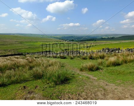Scenic View Of A Path On The Edge Of Moorland In Calderdale West Yorkshire With Rough Tussock Grass 