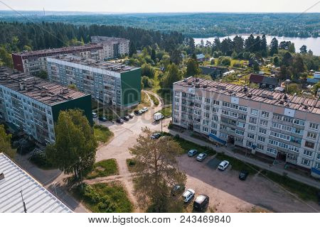 Bird's eye view of houses in urban-type settlement Nikolskiy, Leningrad region, Russia.