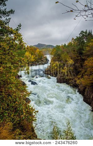 Waterfall Rapid Stream In Fall Skandinavia Norway