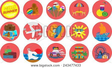 Set Of Bright Icons With Illustrations On A Summer Theme