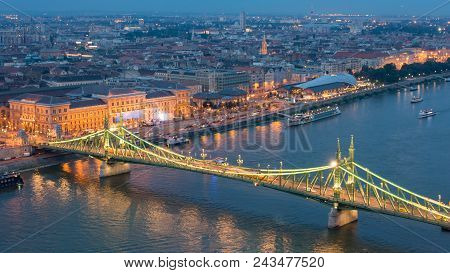 Budapest City At Blue Hour With Illuminated Liberty Bridge On Danube River, Picturesque Evening City