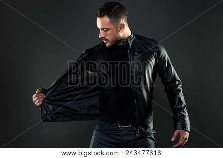 Bearded Man Undress Leather Jacket. Man With Beard On Unshaven Face. Fashion Model In Casual Style C