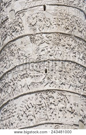 Rome. Trajan Column. It Depicts The History Of The Conquest Of Dacia By Emperor Trajan. Detail