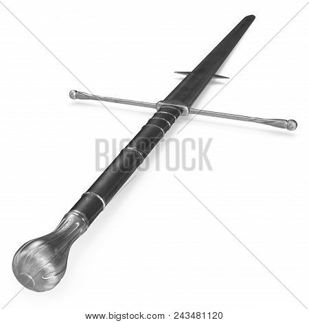 Medieval Double Edged Two Handed Sword On White. 3d Illustration