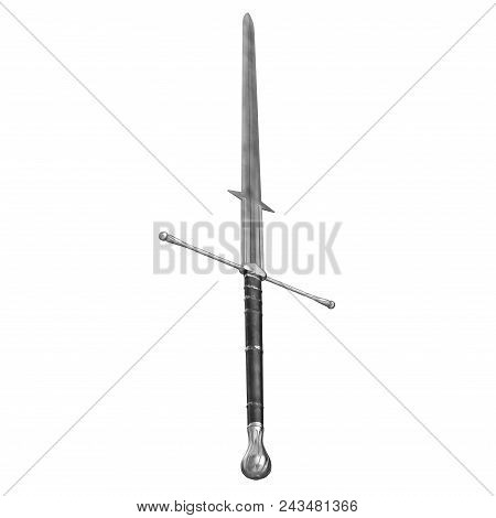 Medieval Double Edged Two Handed Sword On White. 3d Illustration