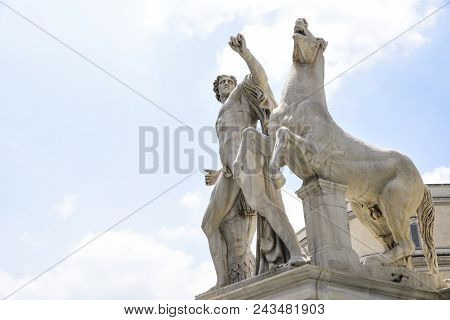 Rome, Italy, Sculpture In The Quirinal Square Depicting The Dioscuri, Castore And Polluce Sons Of Ze