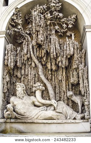 Rome Italy. One Of The Four Fountains In The Quirinal Way. It Represents The Tiber River.