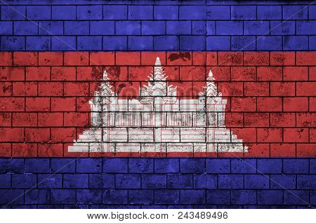 Cambodia Flag Is Painted Onto An Old Brick Wall