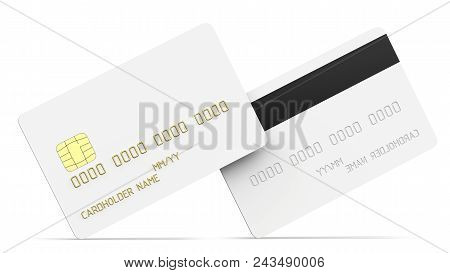 Debit Plastic Card Or Credit Card, White With Gold Symbols. 3d Render Of Blank White Double-sided Te