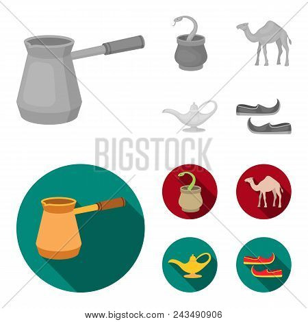 Cezve, Oil Lamp, Camel, Snake In The Basket.arab Emirates Set Collection Icons In Monochrome, Flat S