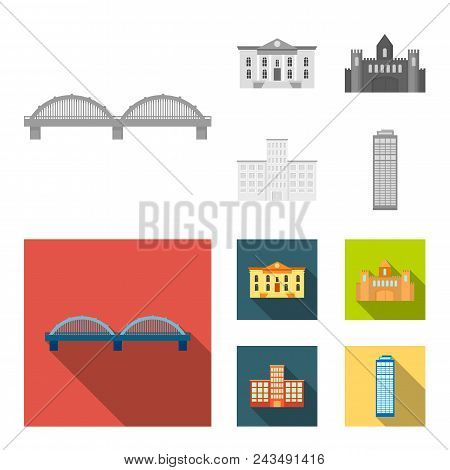 Museum, Bridge, Castle, Hospital.building Set Collection Icons In Monochrome, Flat Style Vector Symb