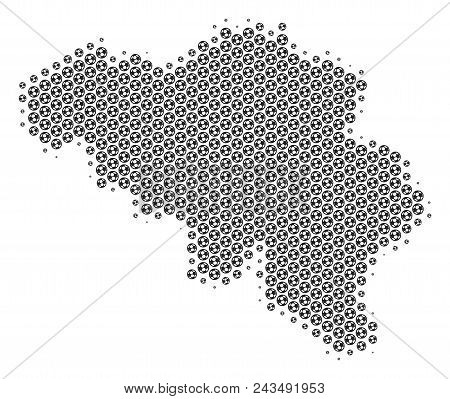Football Ball Belgium Map. Vector Geographic Scheme In Grey Color. Abstract Belgium Map Mosaic Is De