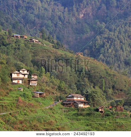Traditional Gurung House With Stone Roof. Typical Architecture Around Landruk, Nepal.