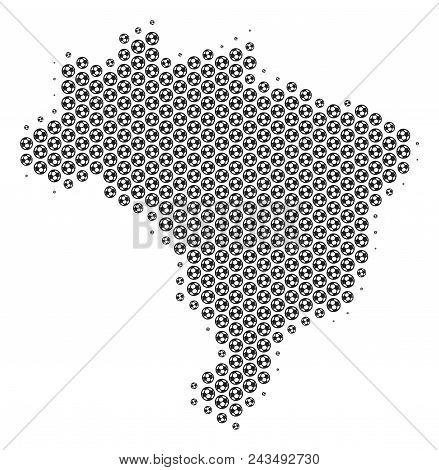 Football Ball Brazil Map. Vector Geographic Plan In Grey Color. Abstract Brazil Map Collage Is Compo