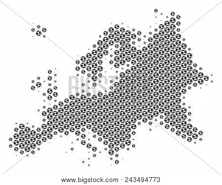 Football Ball Europe Map. Vector Geographic Plan In Grey Color. Abstract Europe Map Collage Is Made 
