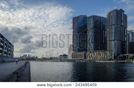 Sydney, Australia - May 22, 2017: View Of Sydney Wharf On Pyrmont Bay. Iconic Barangaroo Across The 