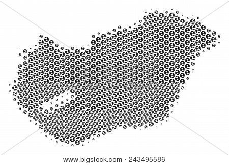 Football Ball Hungary Map. Vector Territory Plan In Grey Color. Abstract Hungary Map Composition Is 